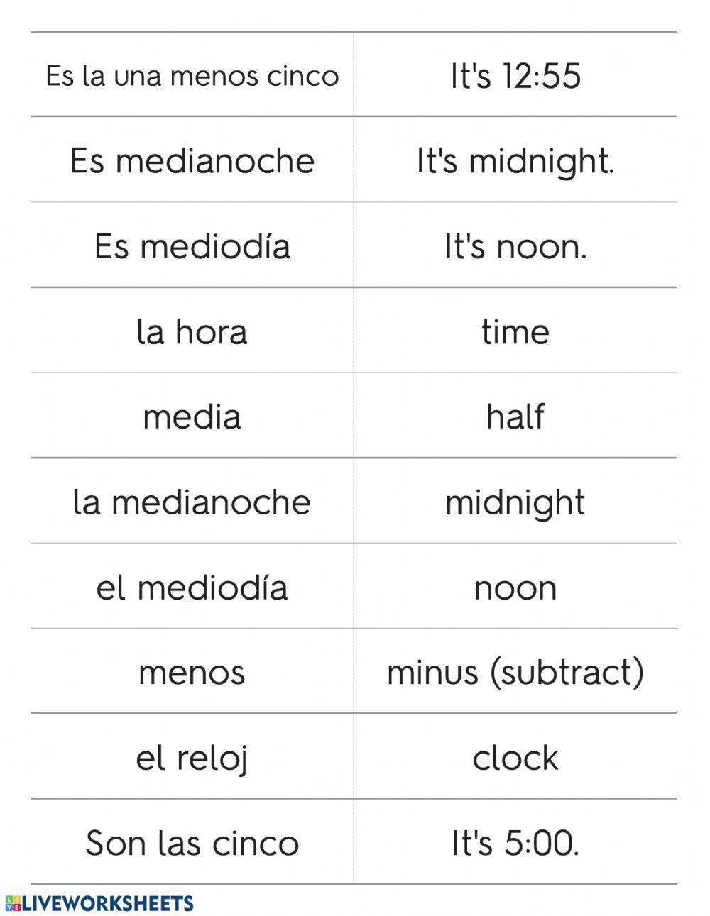Spanish phrases for telling time 