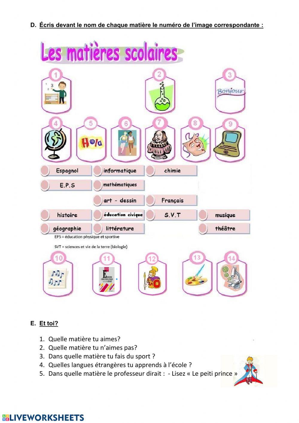 Description - matières scolaires