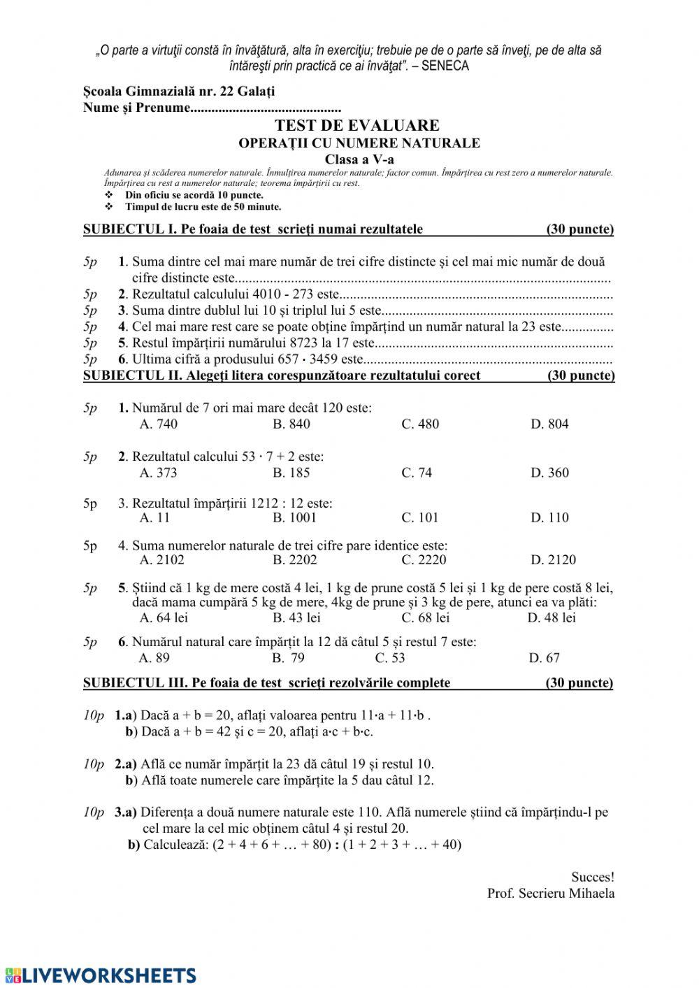 test operatii cu numere naturale clasa 5 didactic