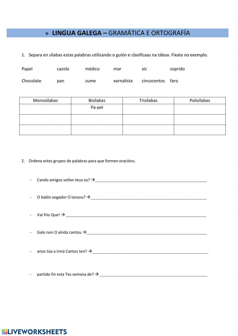 Separar sílabas e ordenar oracións