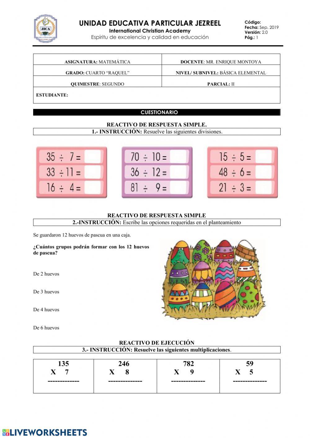 Evaluación matemática 4to raquel v