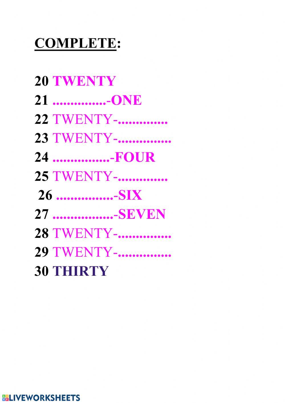 Numbers from 20 to 30