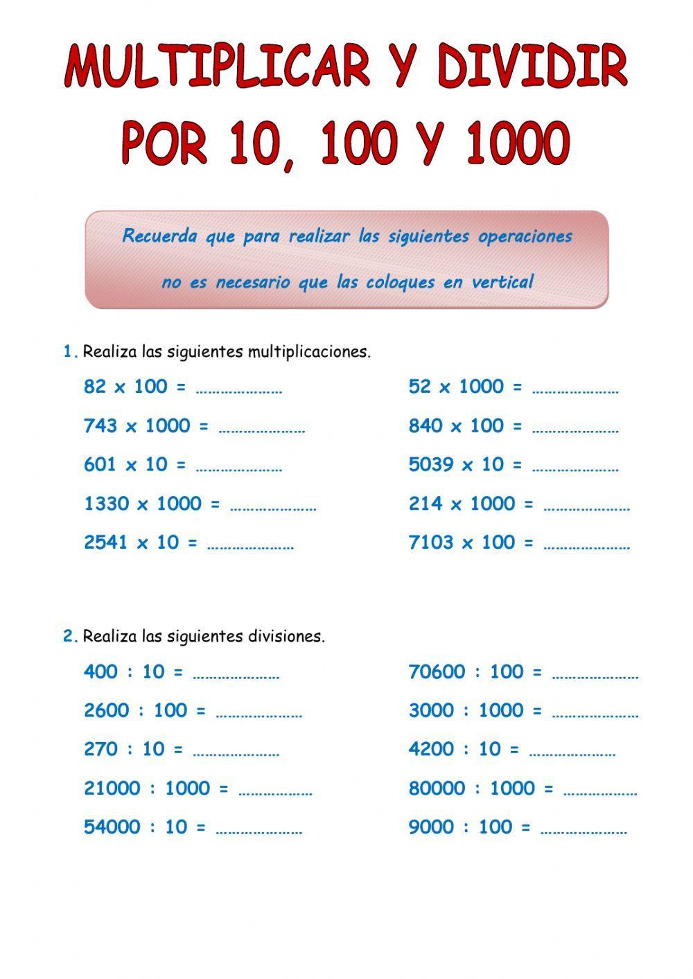 Multiplicar y dividir por 10, 100 y 1000