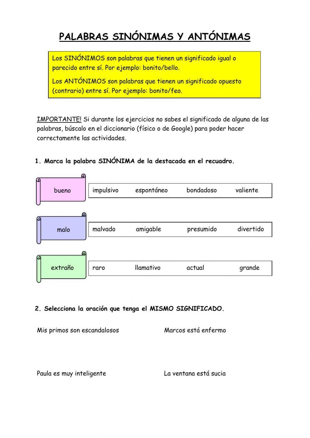 Sinónimos  Live Worksheets