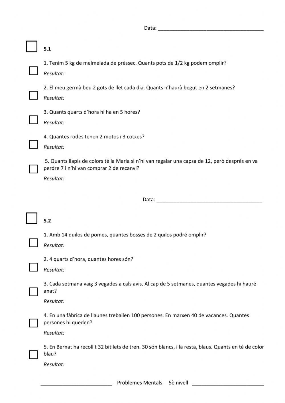 Problemes Càlcul Mental 1 5è