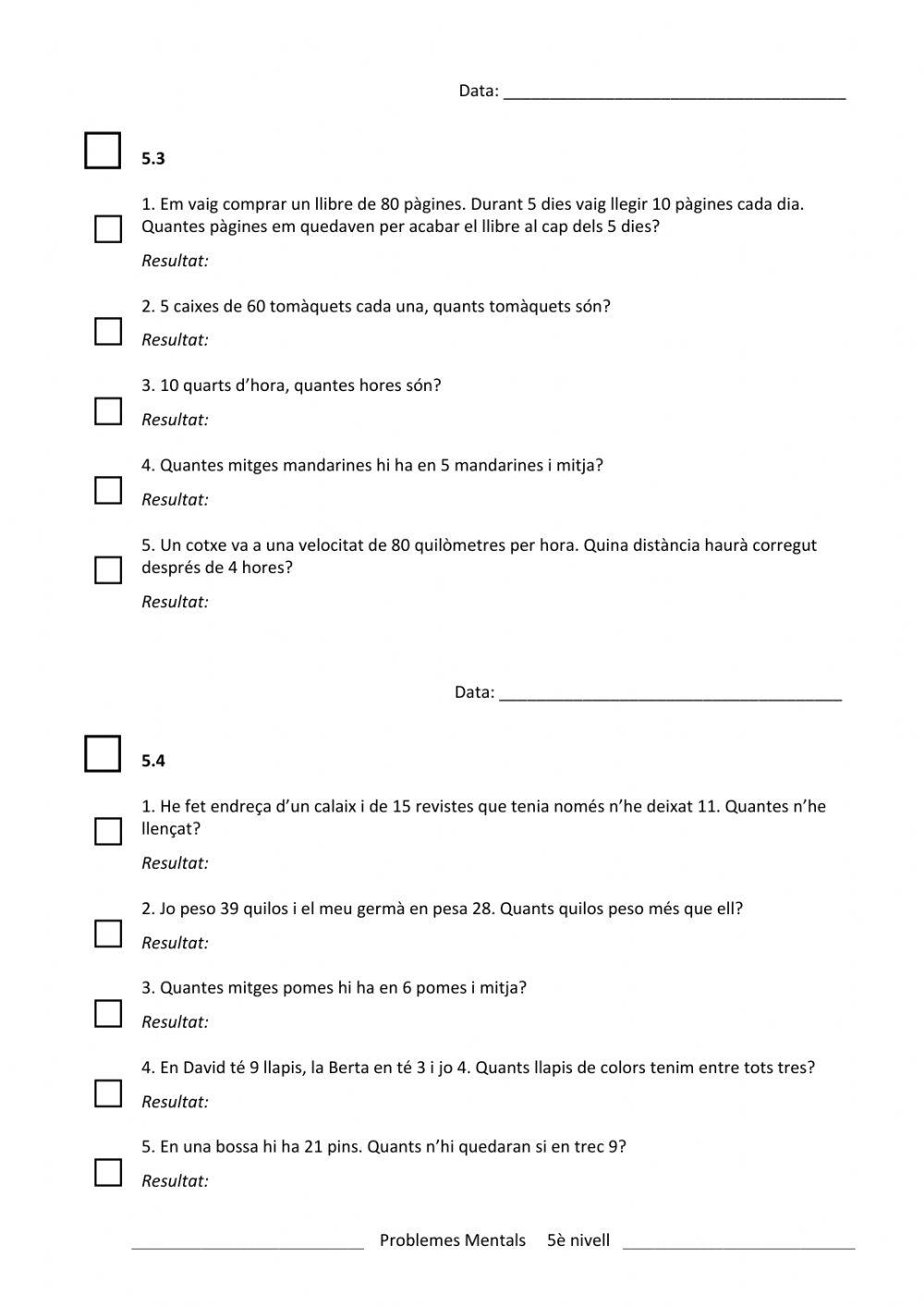 Problemes Càlcul Mental 1 5è