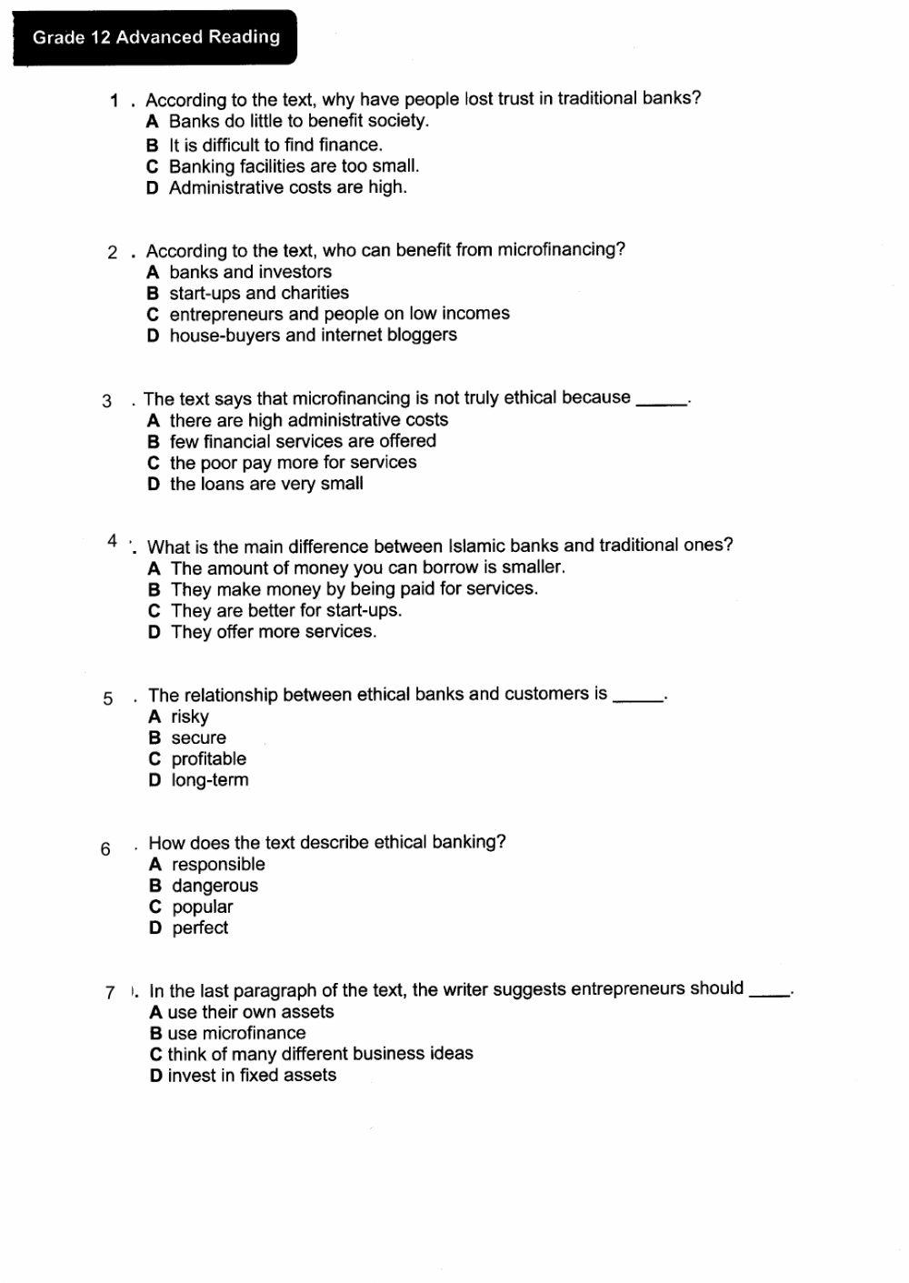 G12 Unit 9 Reading Comprehension