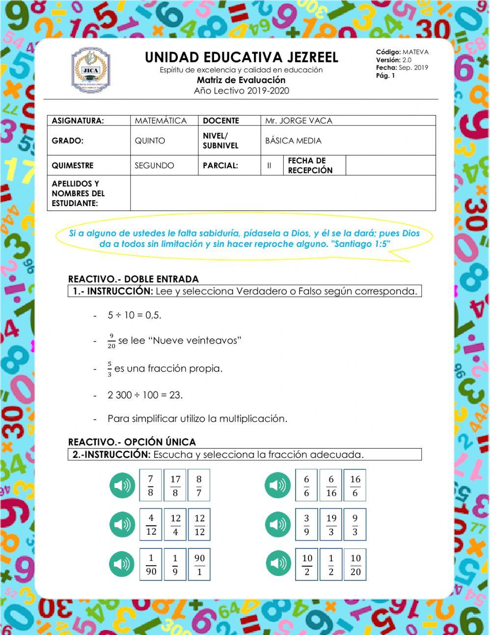 Evaluación Matemática 5to EGB - Parcial 5