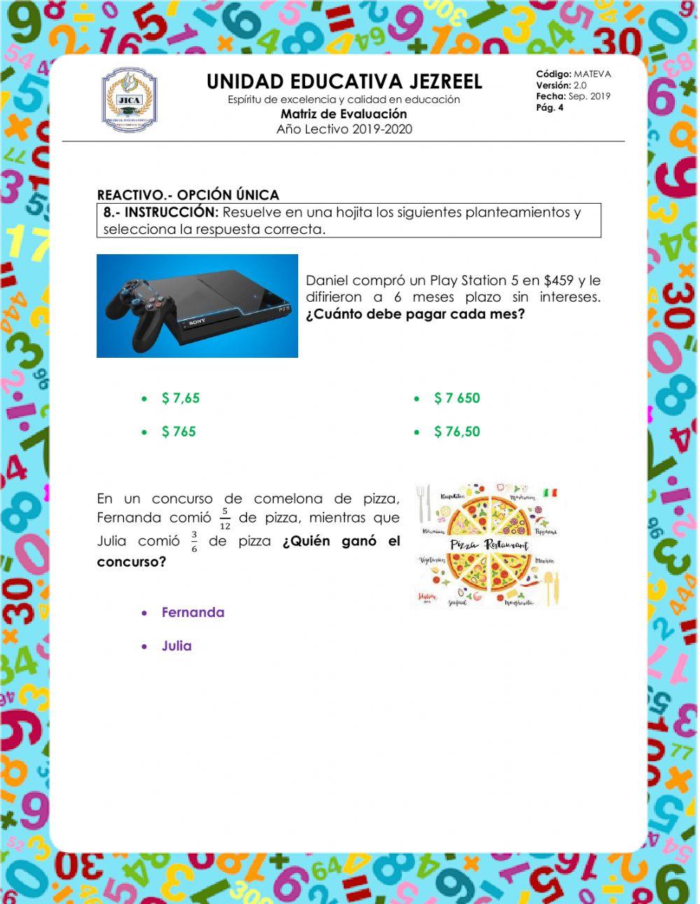 Evaluación Matemática 5to EGB - Parcial 5