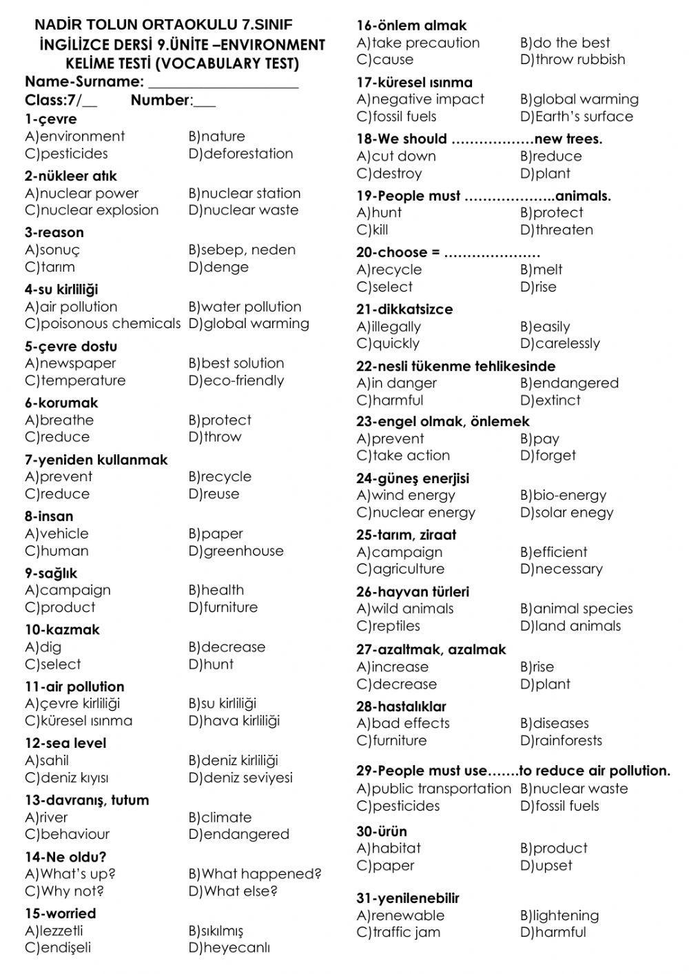 7th Grade - Unit 9 - Quiz