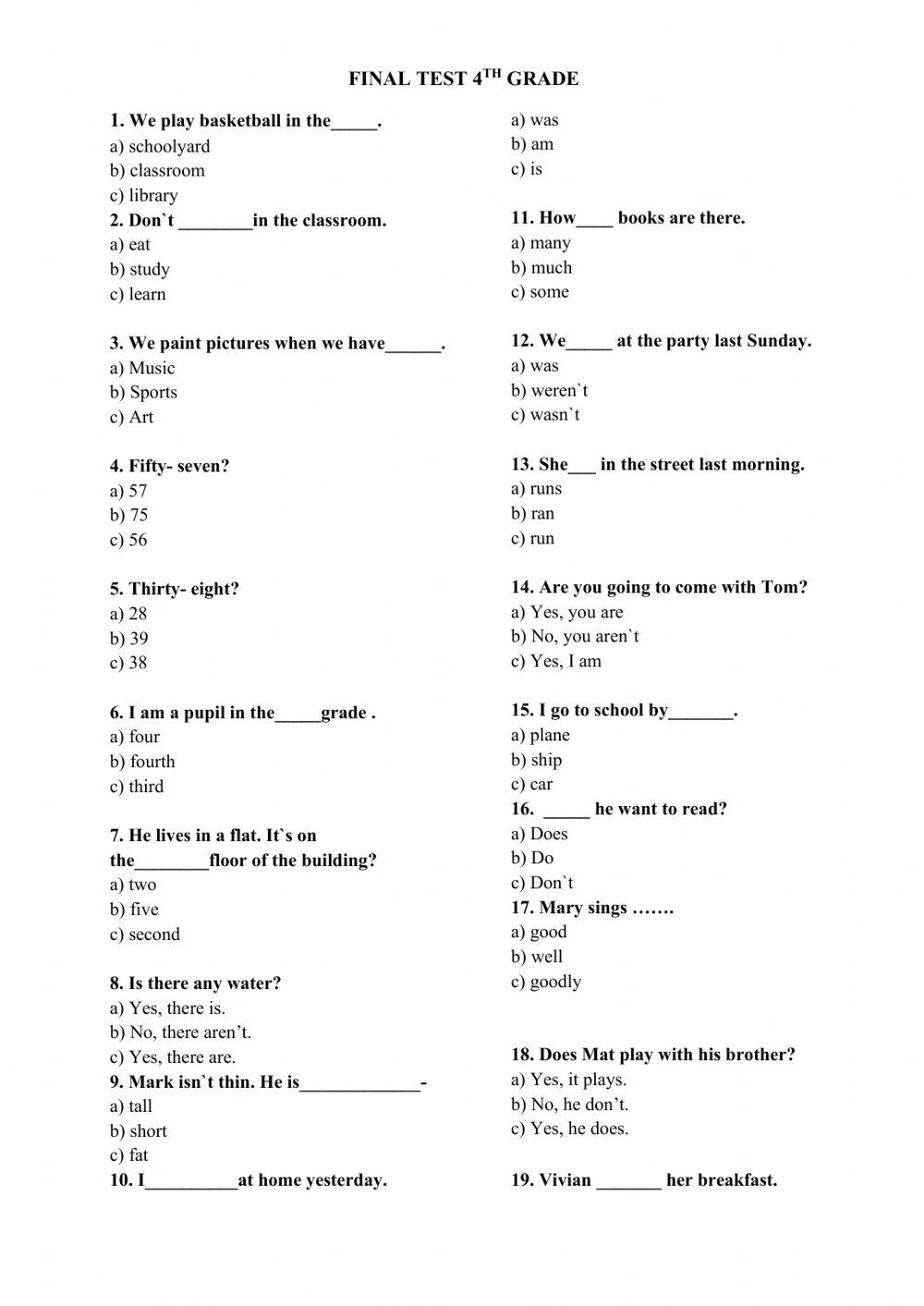 Final Test- 4 th grade