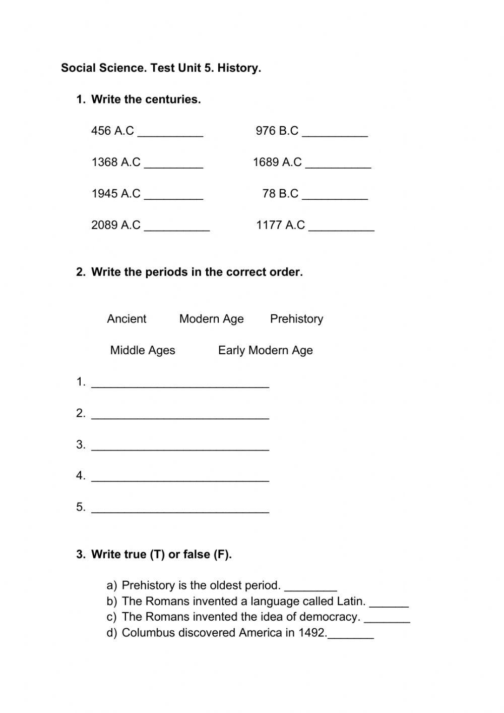 Test unit 5. History online exercise for | Live Worksheets