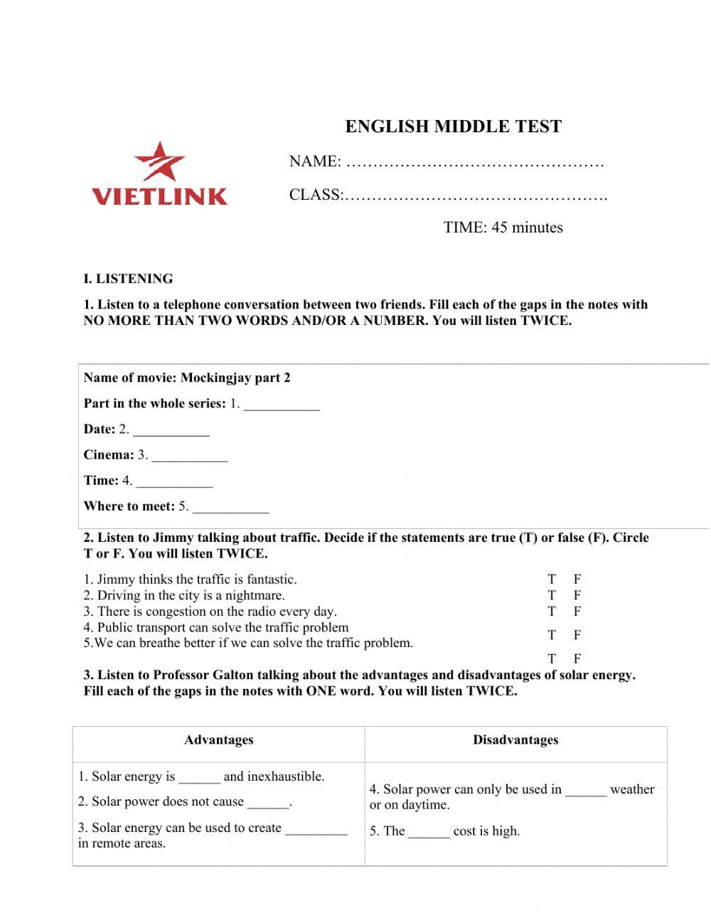 English Middle Test Grade 7