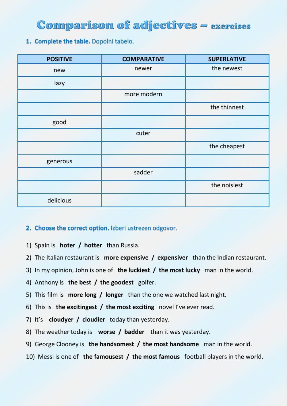 Comparison of adjectives - exercises
