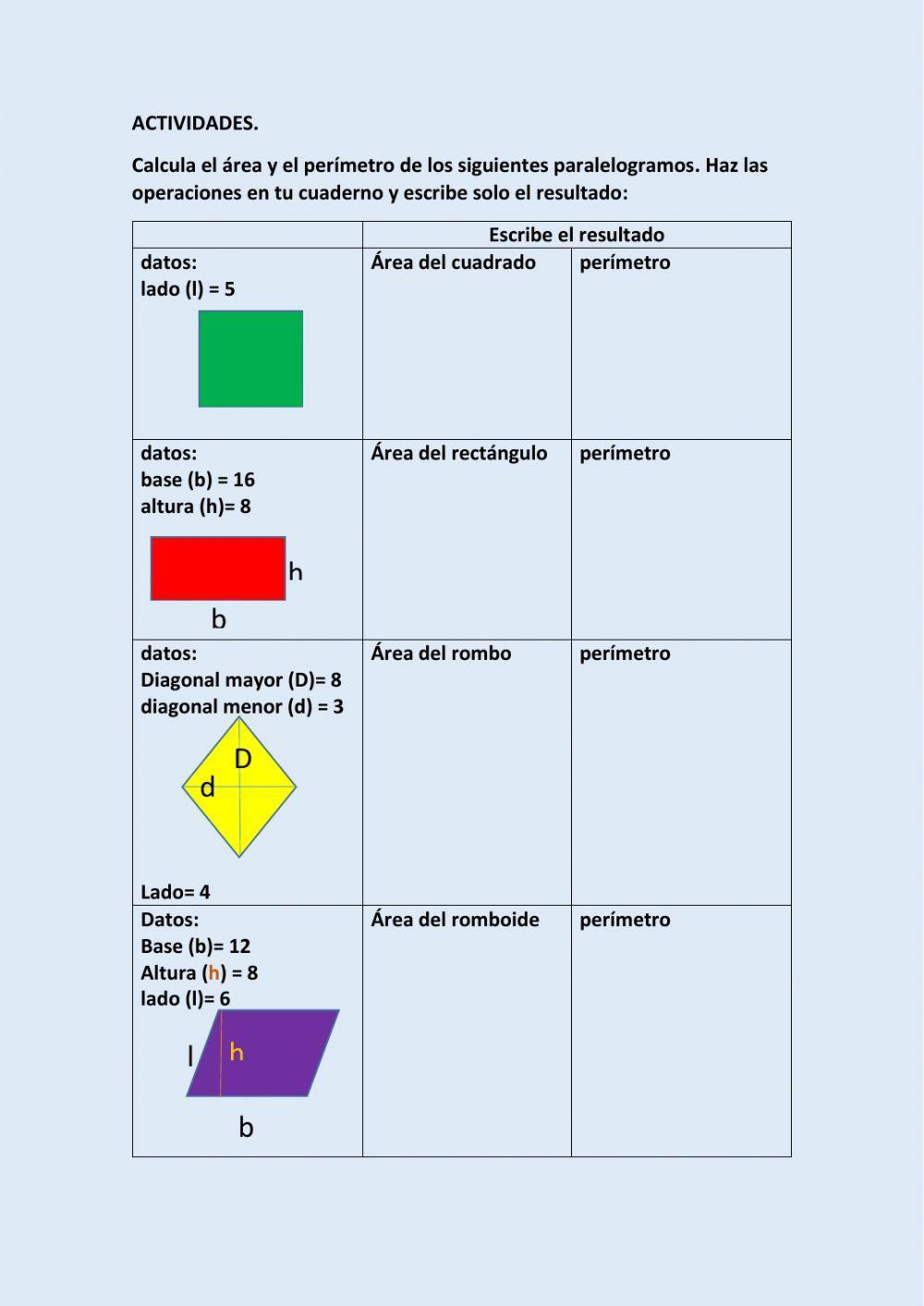 Area y perimetro paralelogramos