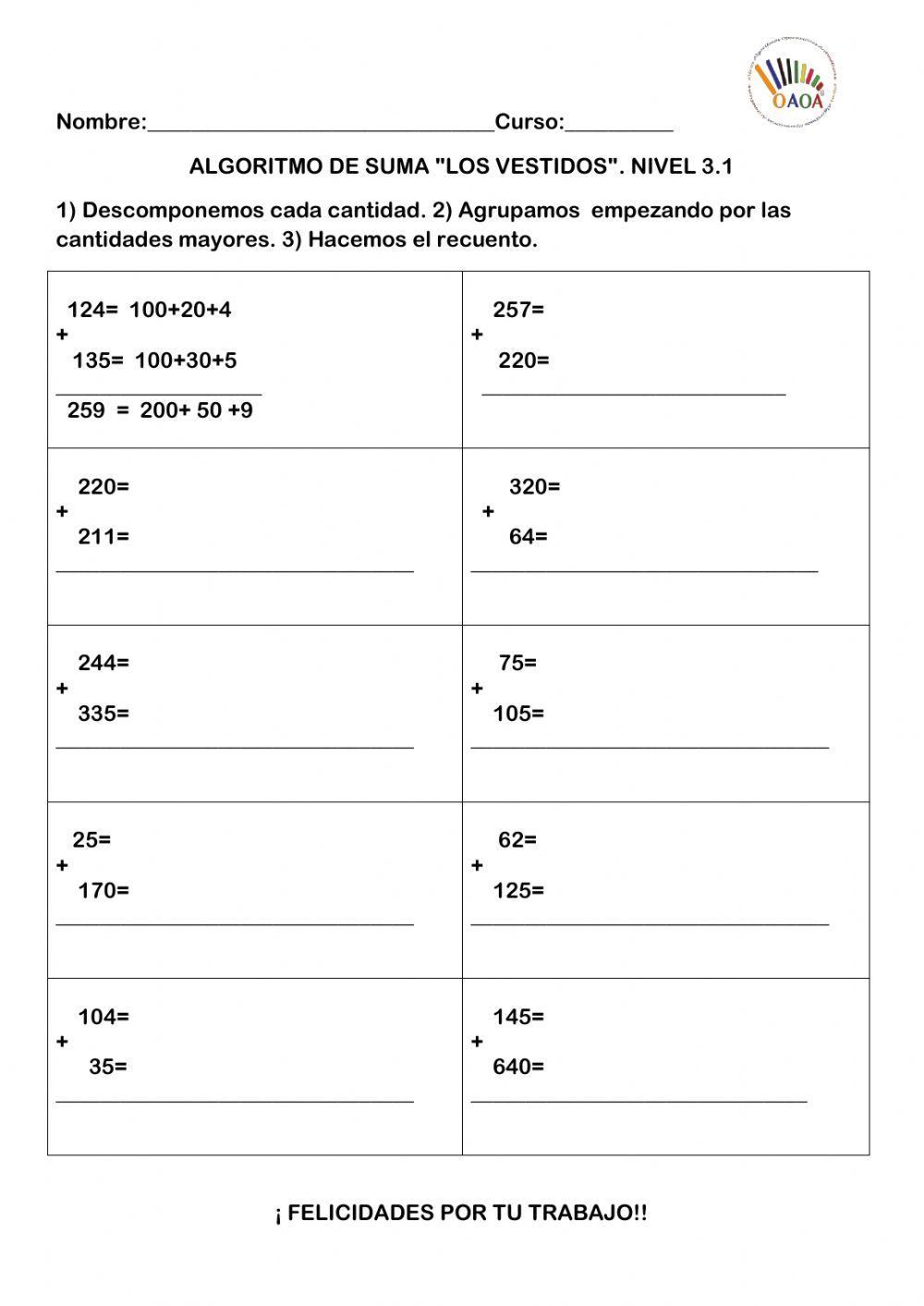 Algoritmo de suma.los vestidos.oaoa