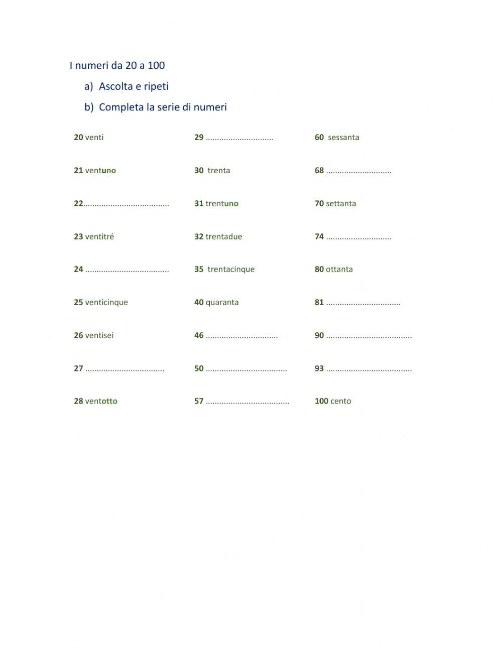 Numeri fino a 100
