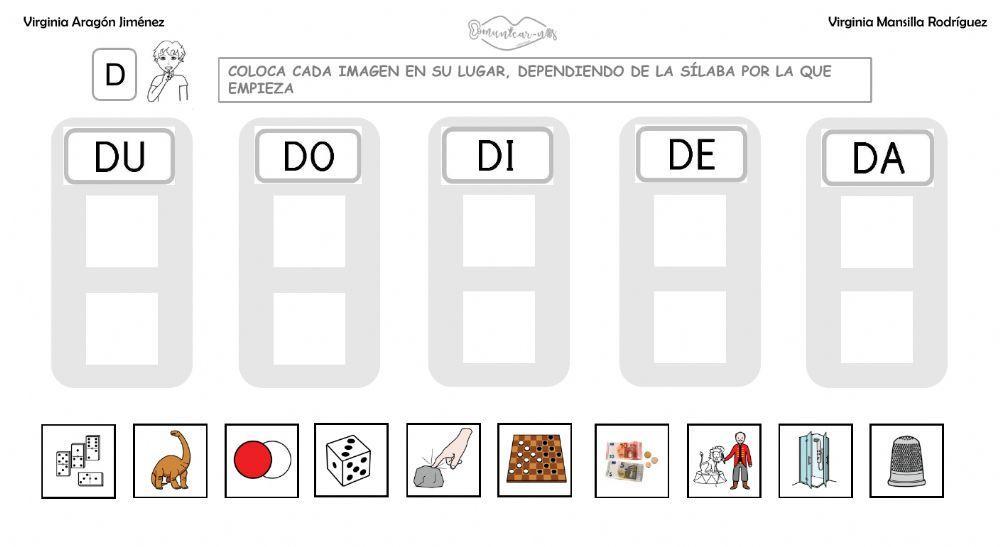 Clasificar sílabas D inicial en palabras, con grafema.