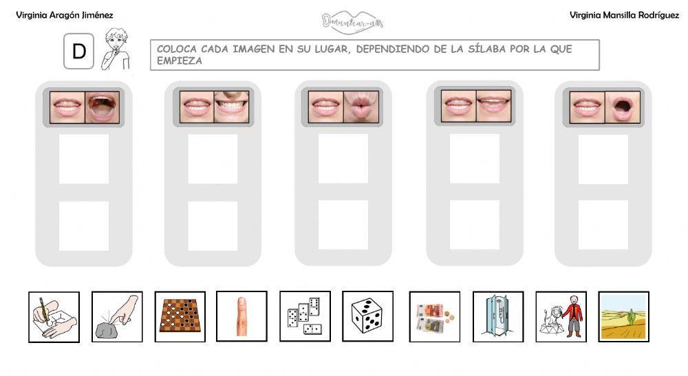 Clasificar sílabas con sonido D inicial en palabras, con articulemas.