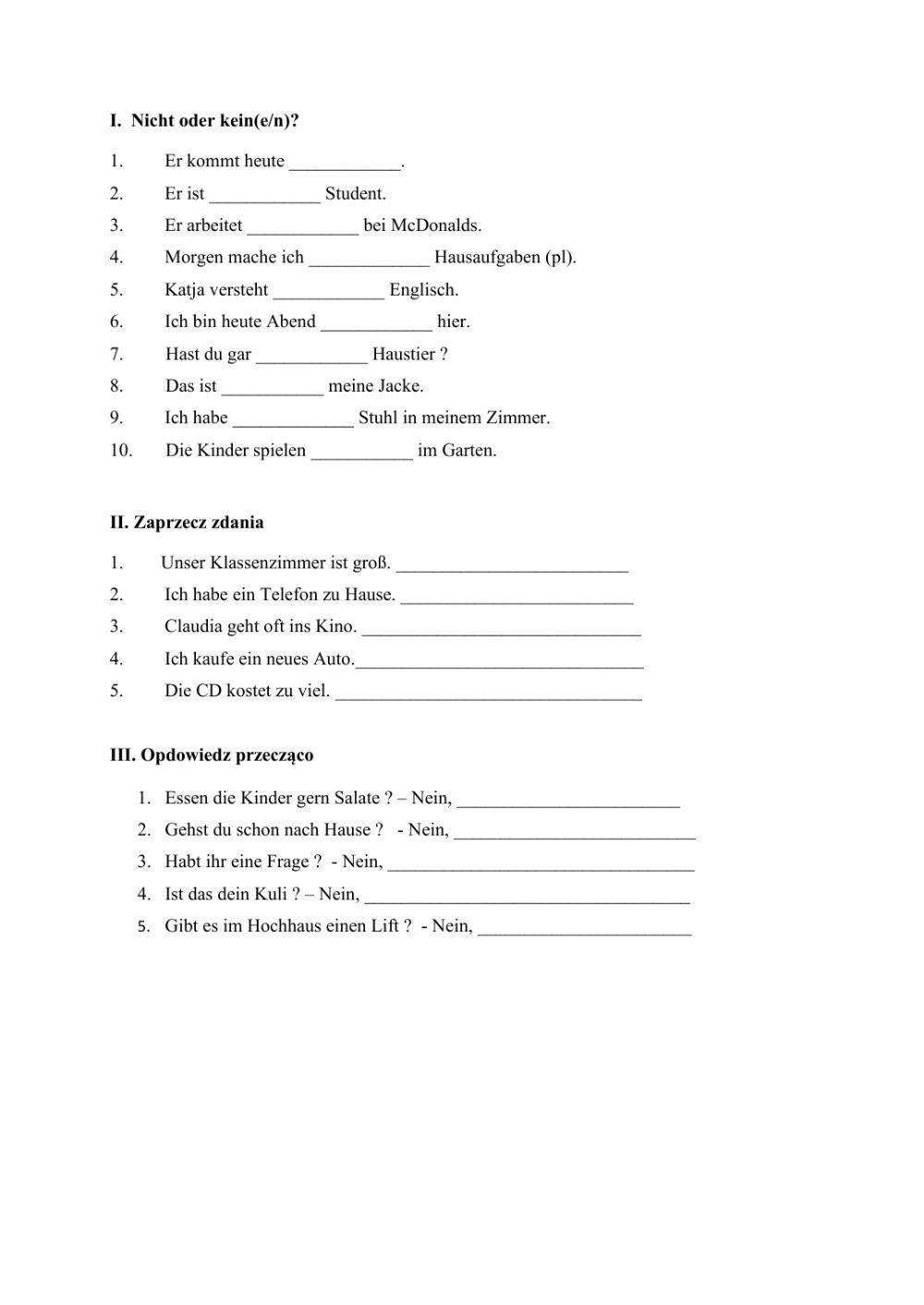 Negation kein(e), nicht