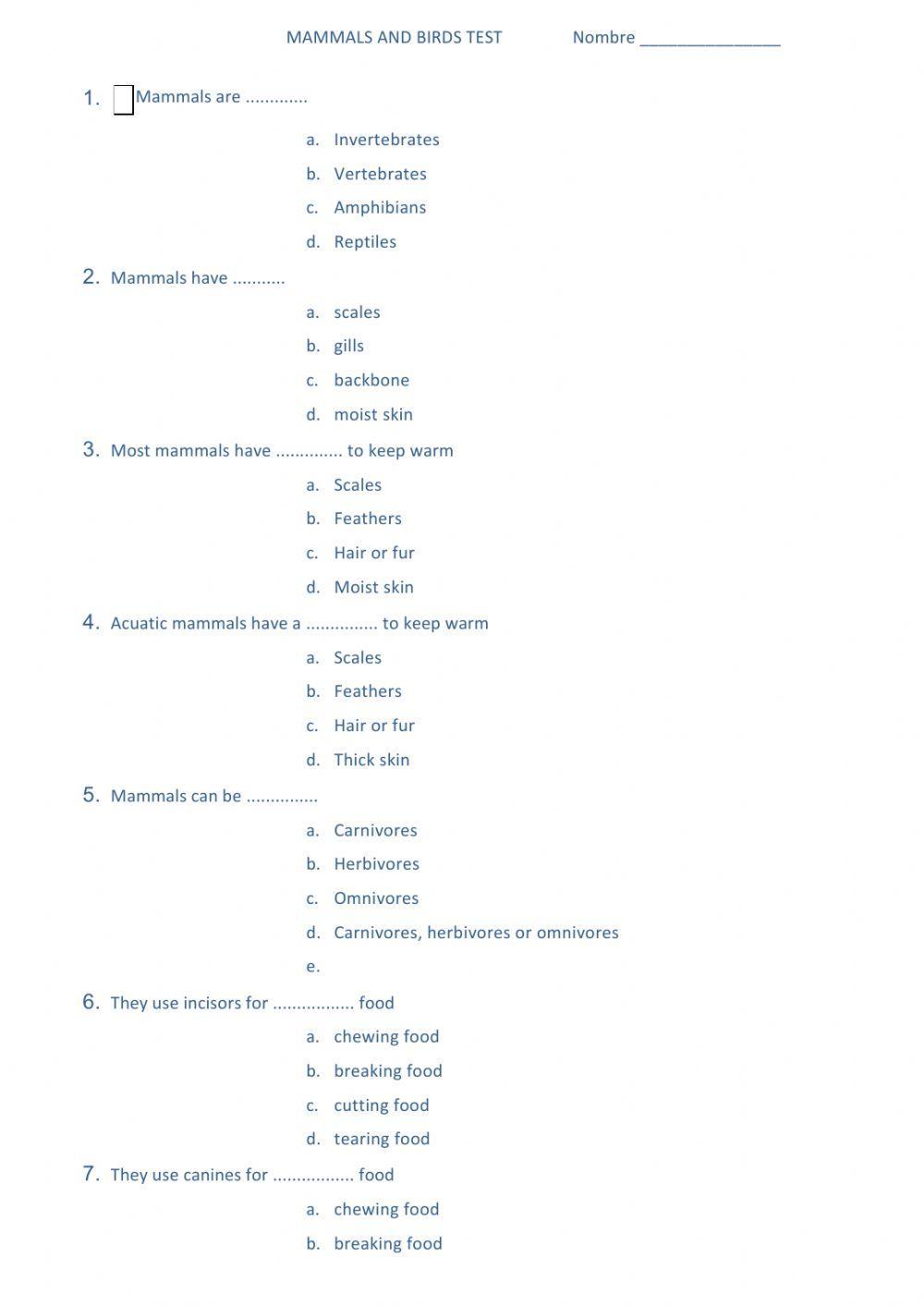 Unit 4 mammals and birds tests