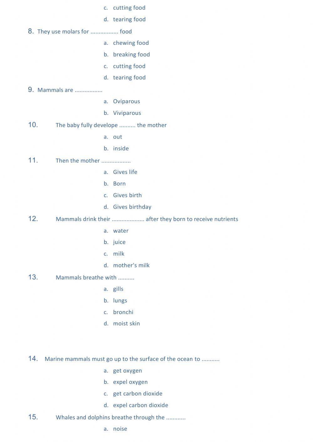 Unit 4 mammals and birds tests