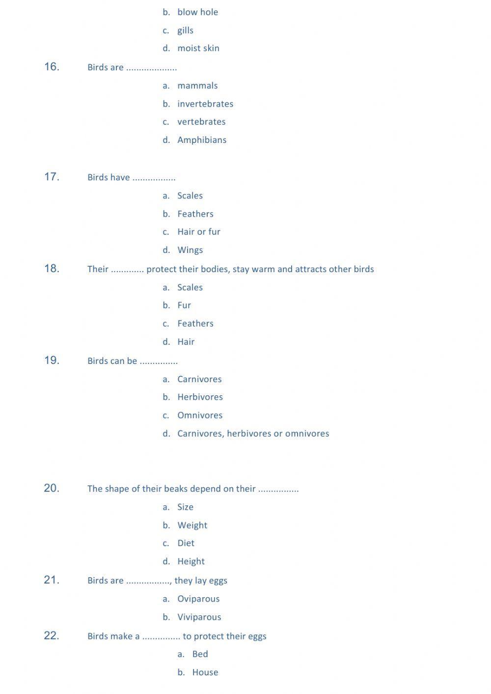 Unit 4 mammals and birds tests