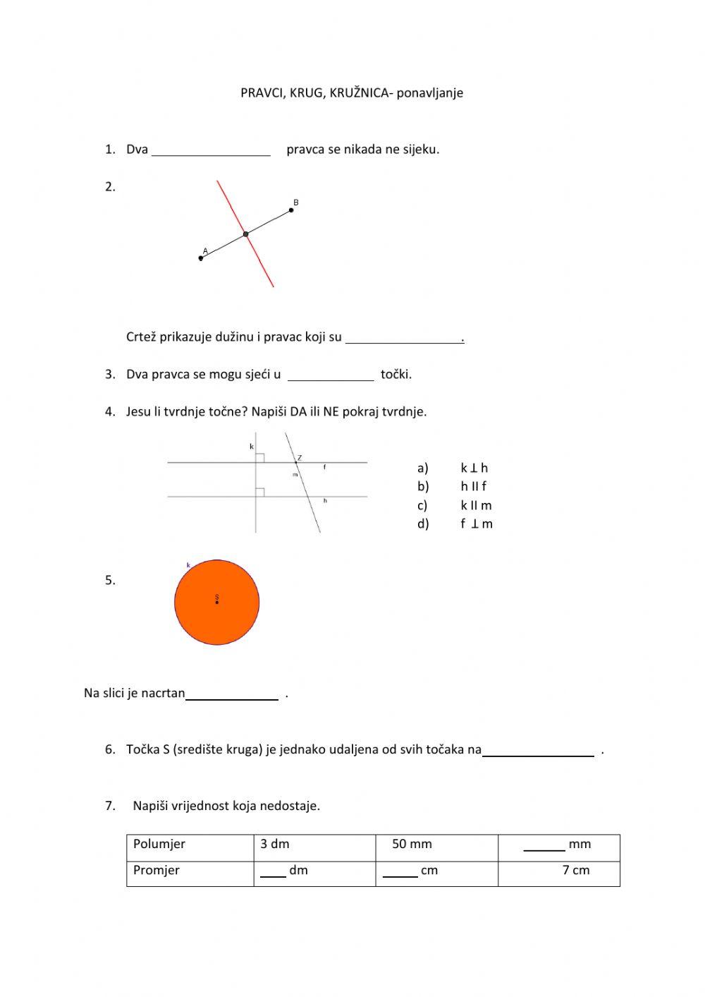 Pravci, krig, kružnica