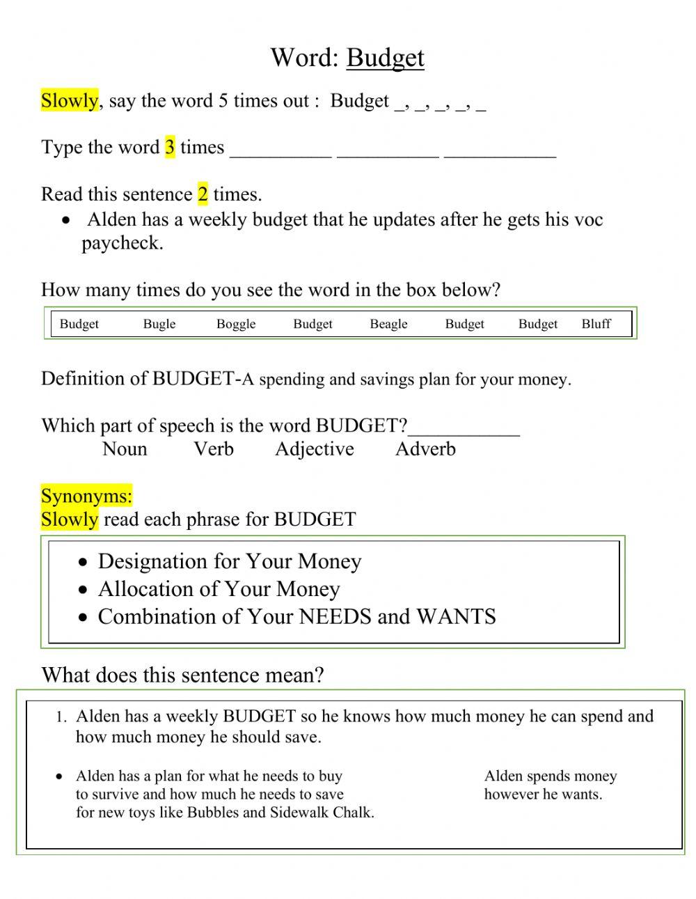 Budget extra worksheet
