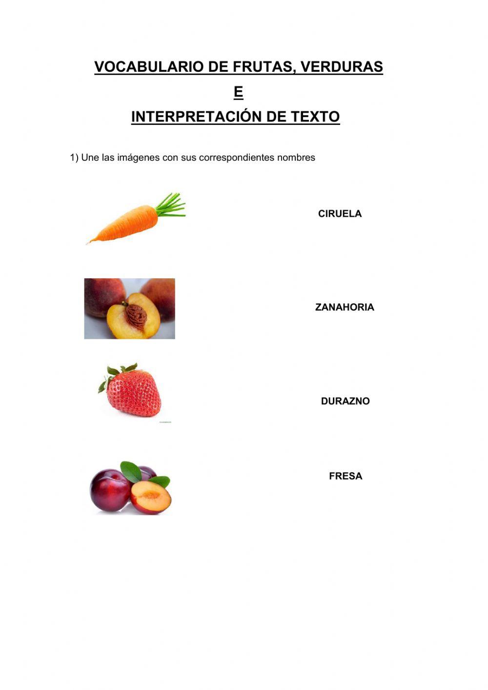 Vocabulario frutas, verduras e interpretación de texto