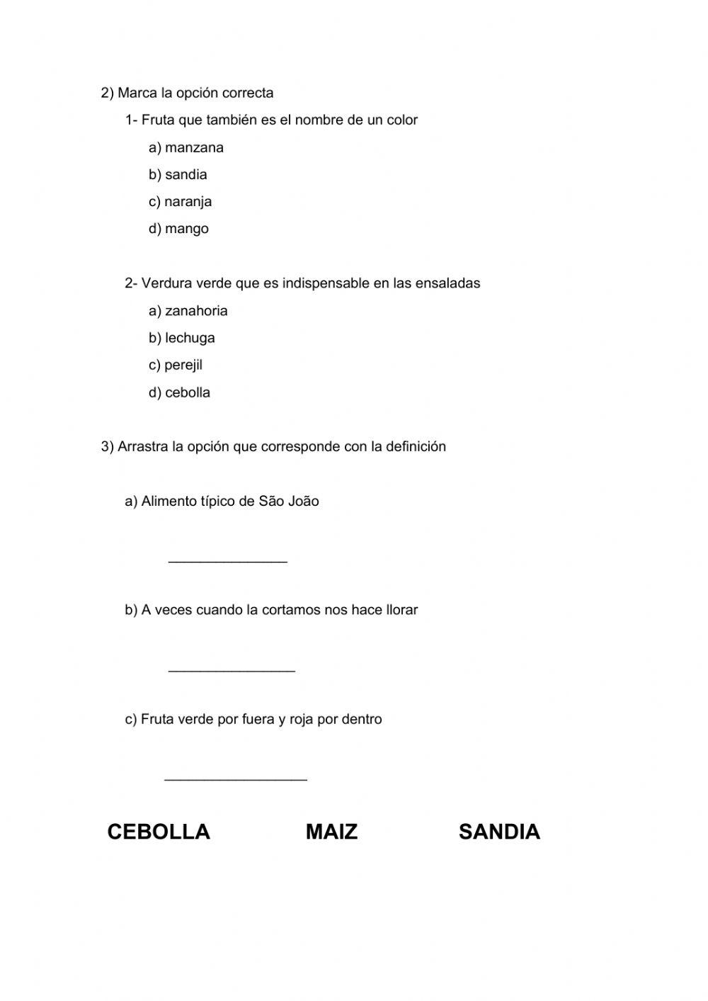 Vocabulario frutas, verduras e interpretación de texto