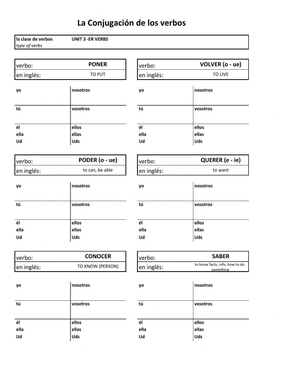 -er verb conjugation sheet