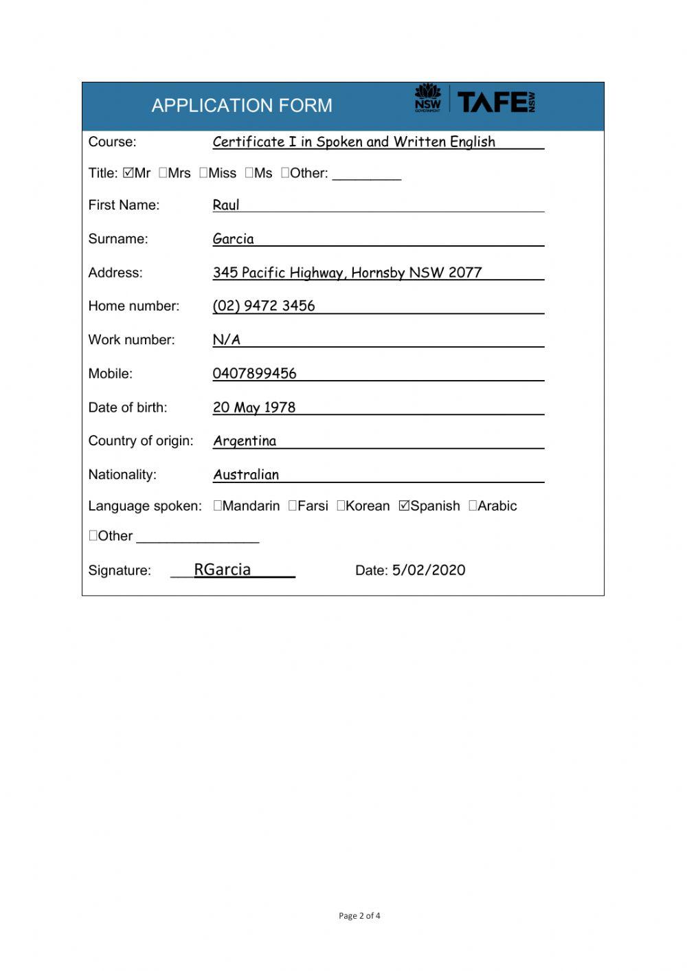 Reading an application form