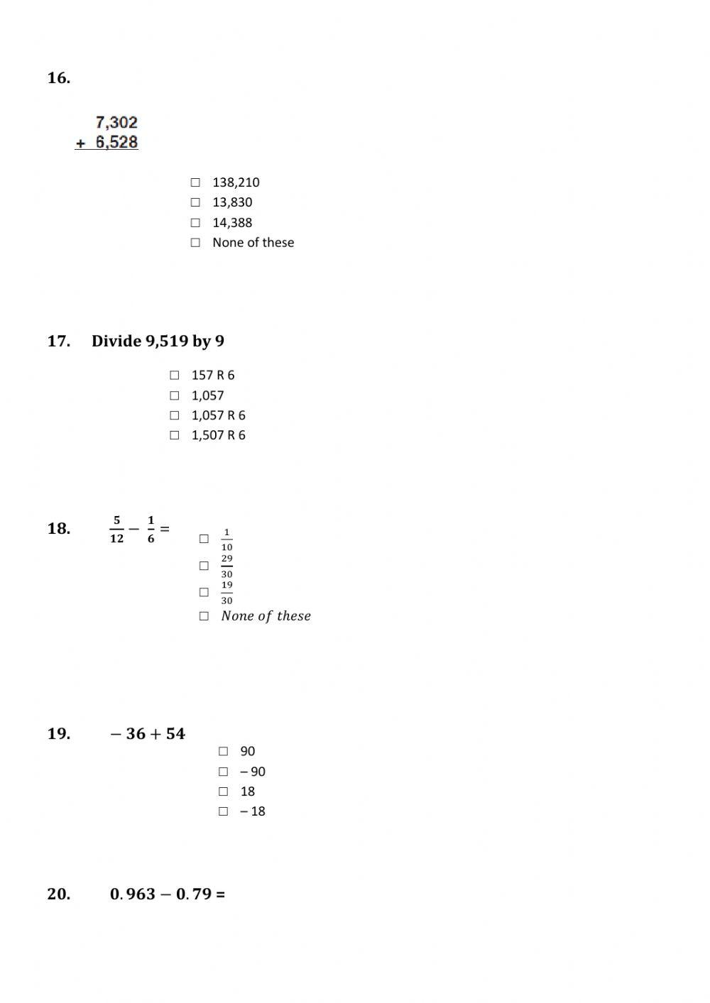 Grade 4 Maths Test