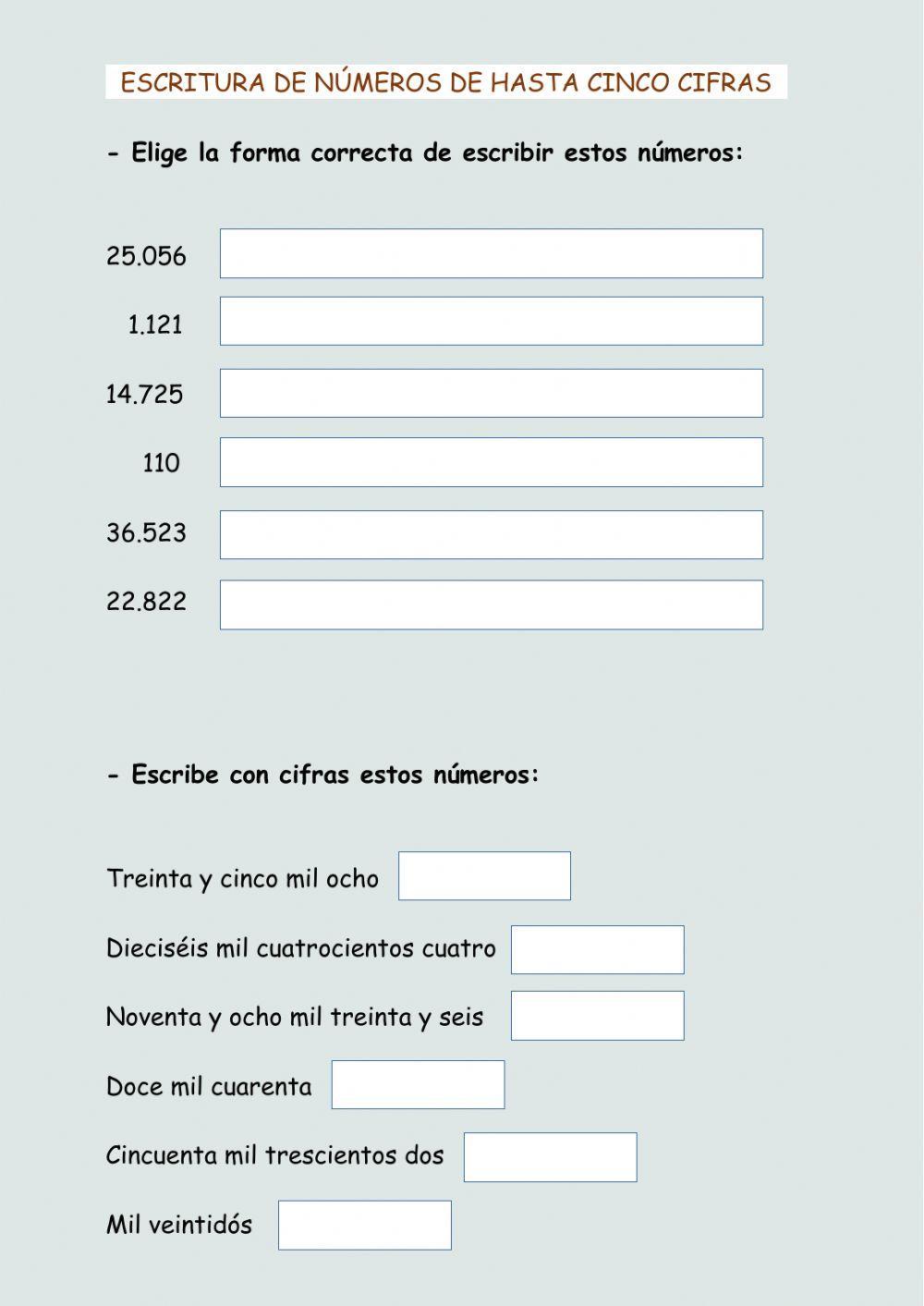 Escritura de números de hasta cinco cifras