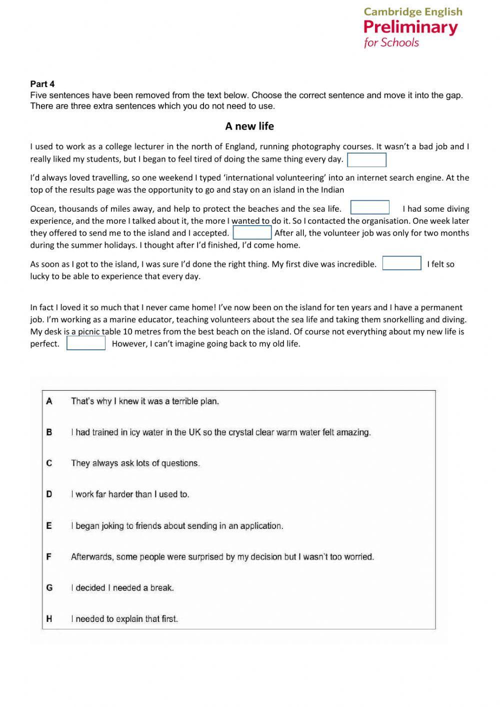 Pet for schools reading test