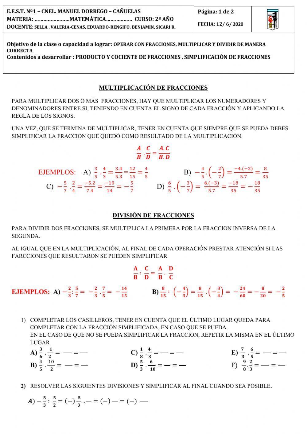 La multiplicacion y division de fracciones