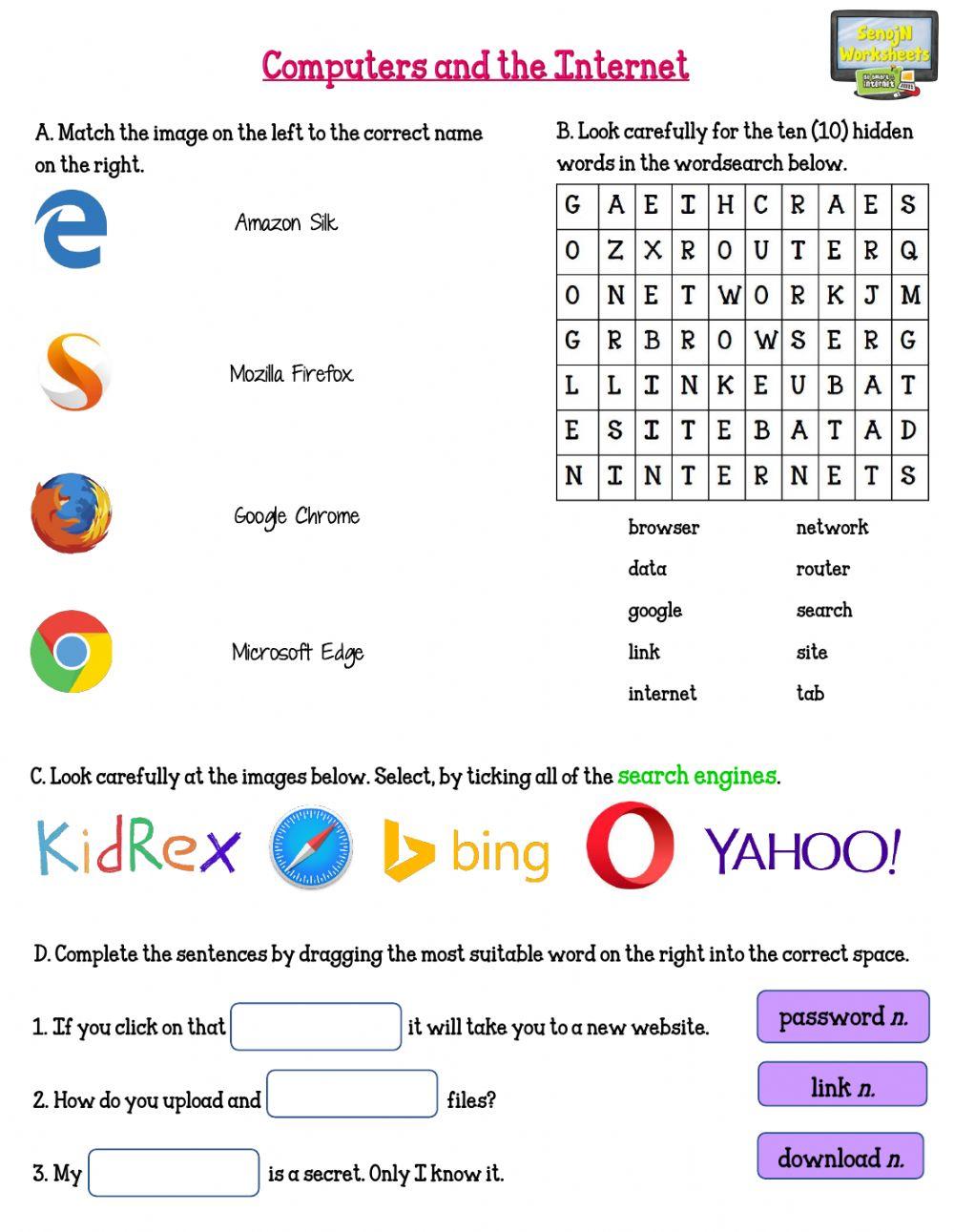 Computers and the internet worksheet a online exercise for live