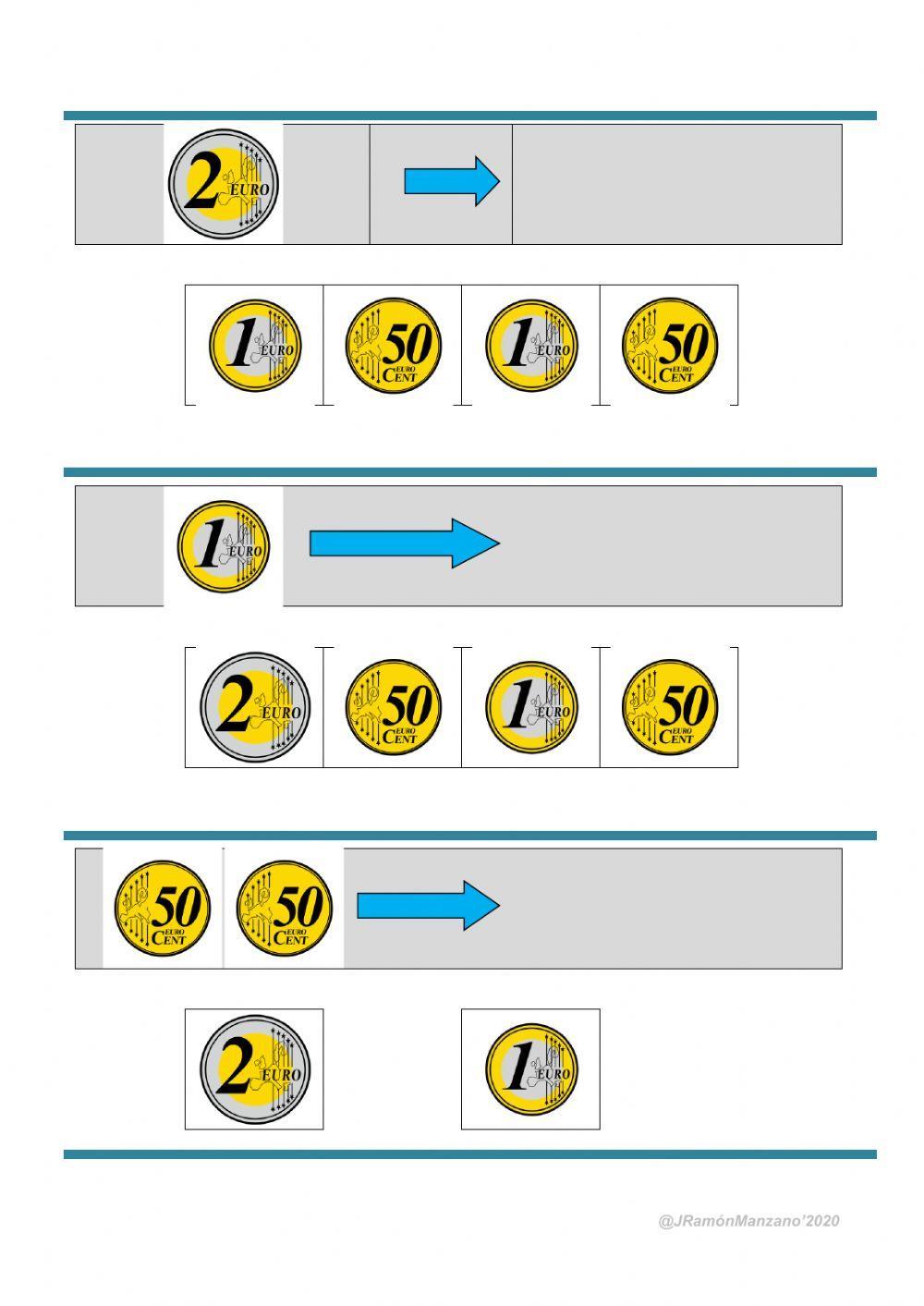 EUROS: equivalencias monedas 1y2€  y 50ctms