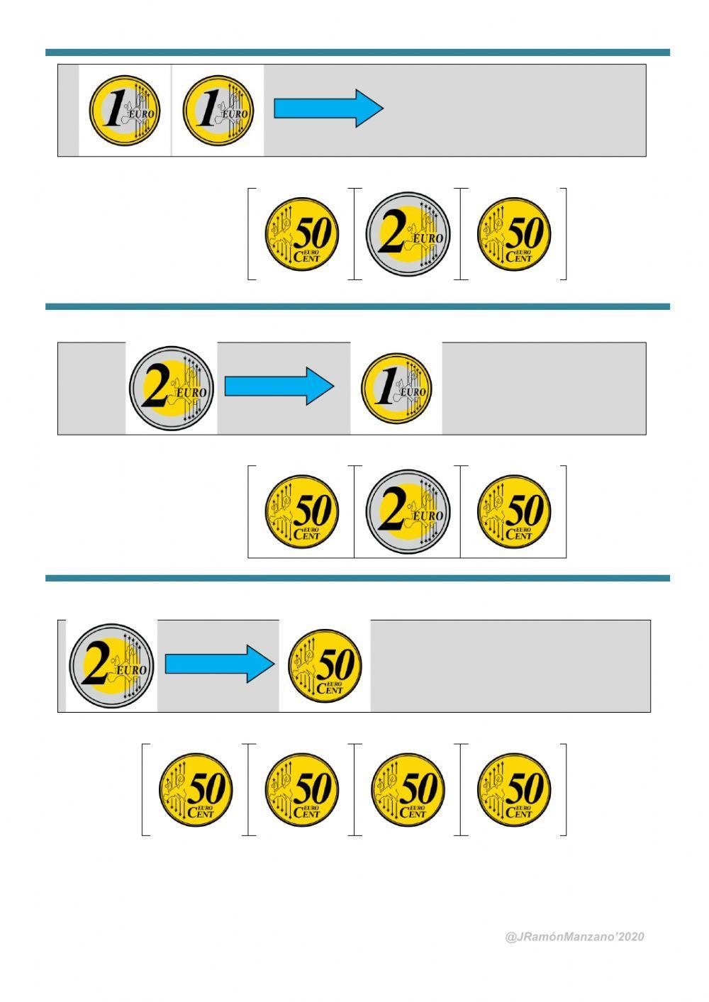 EUROS: equivalencias monedas 1y2€  y 50ctms