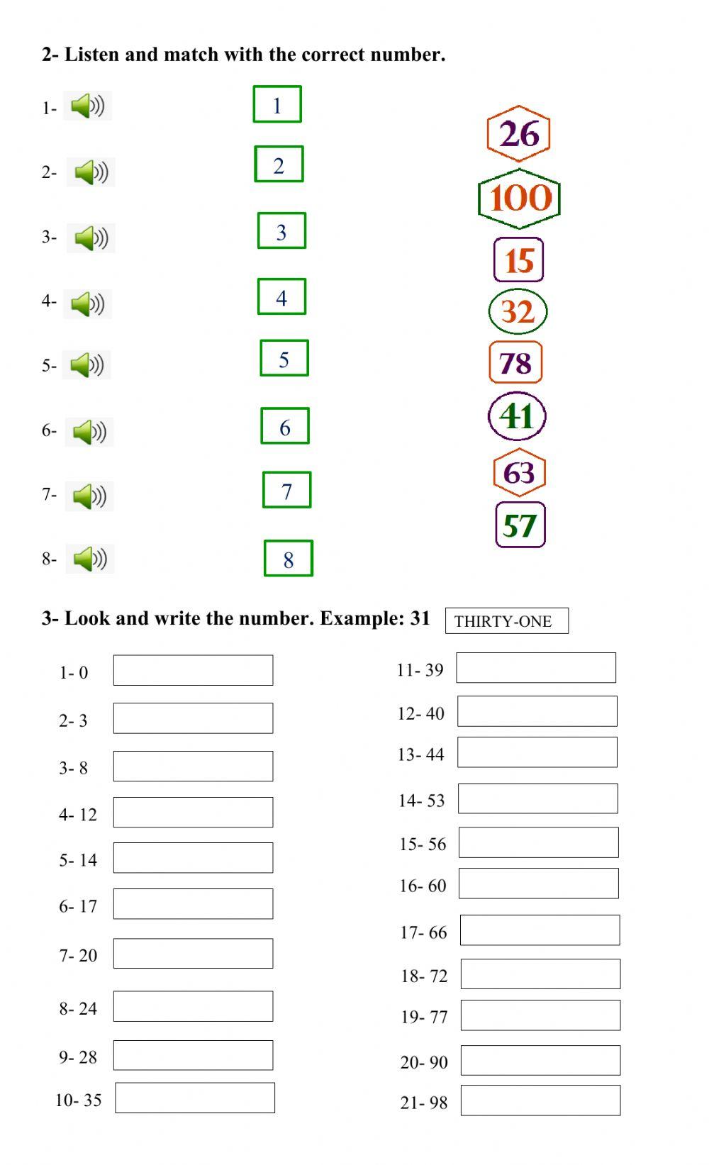 Numbers from 0 to 100