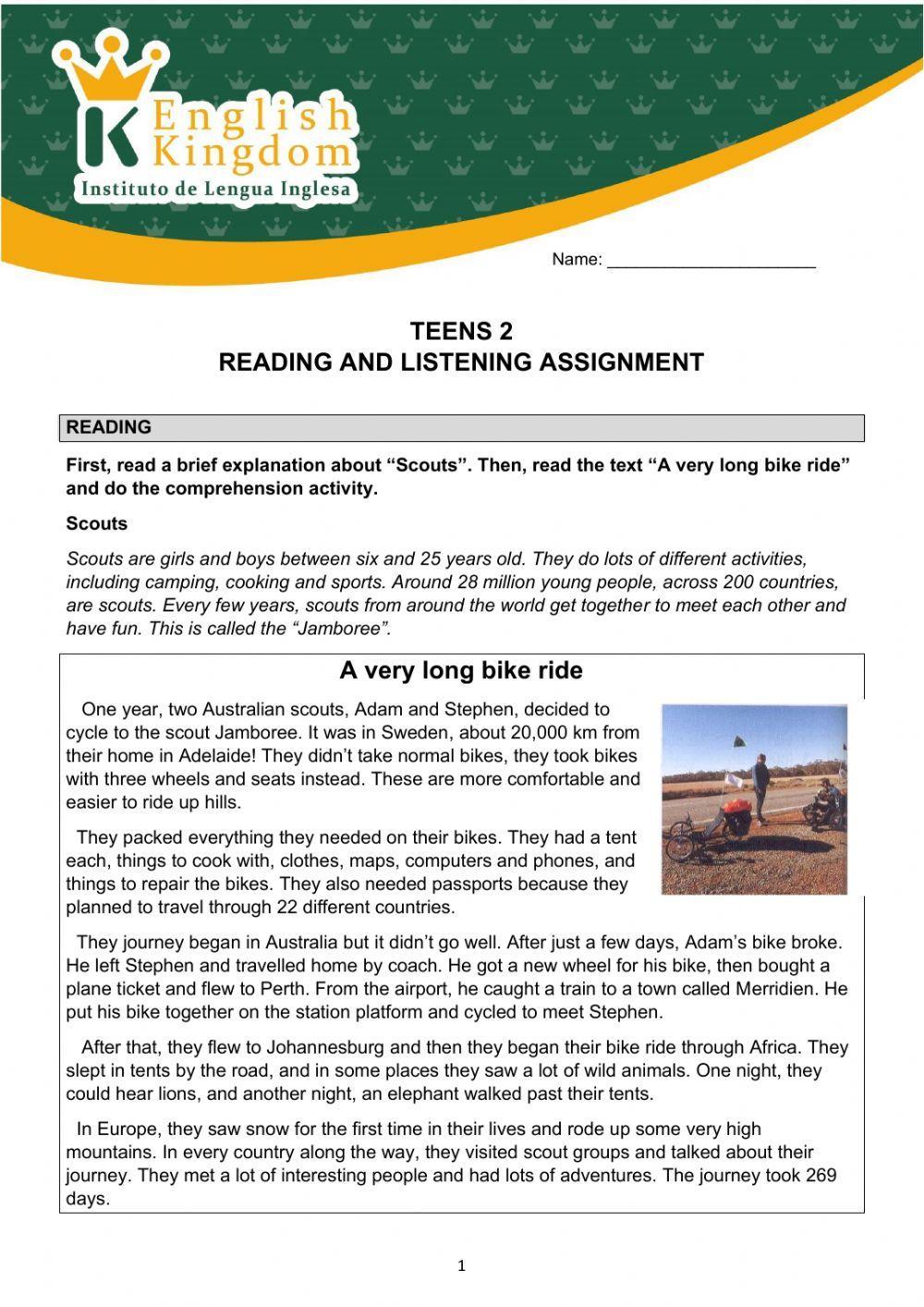 Teens 2-Reading and listening assignment
