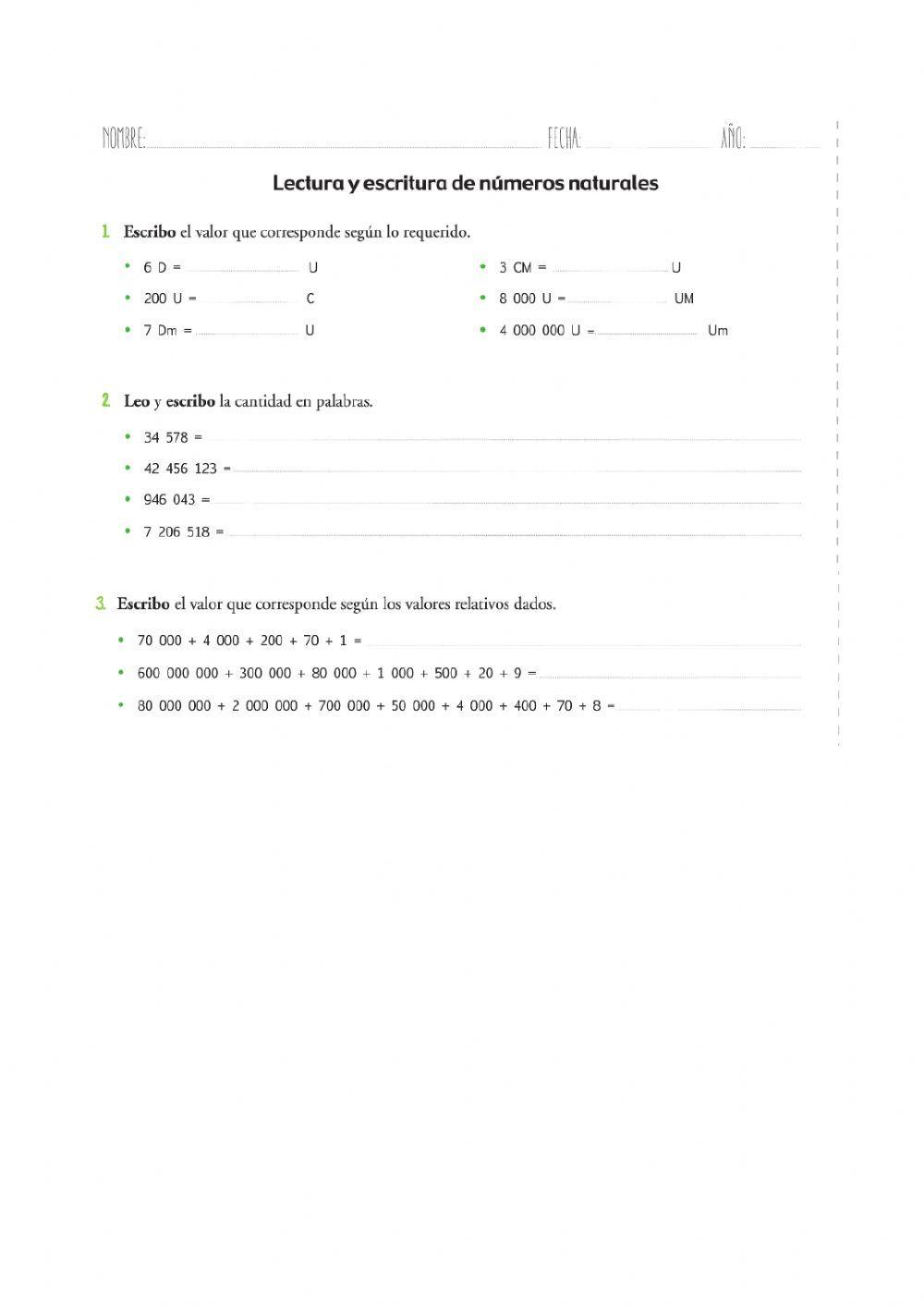 Lectura y escritura de números naturales II