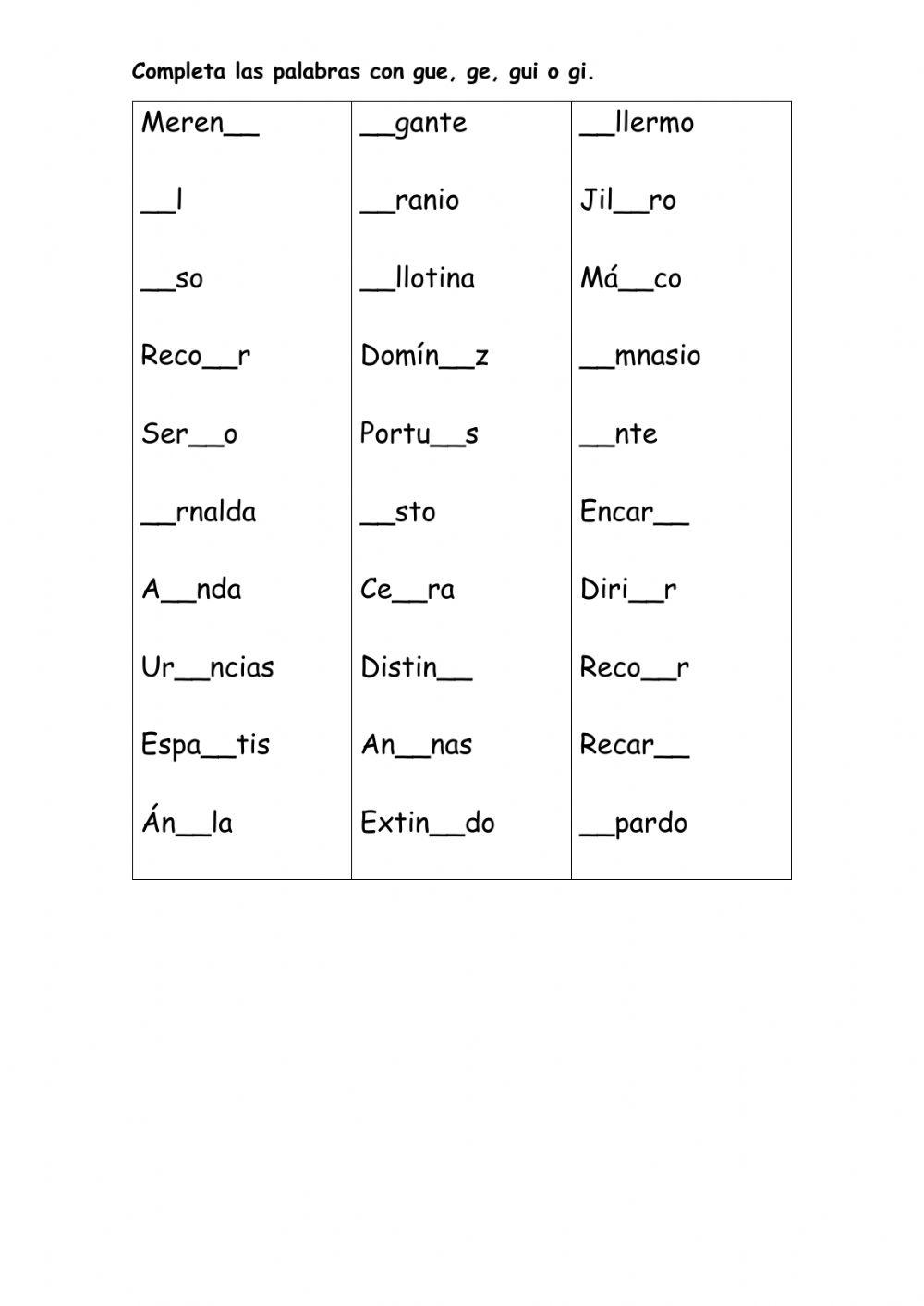 Completar con gue, ge, gui o gi.II