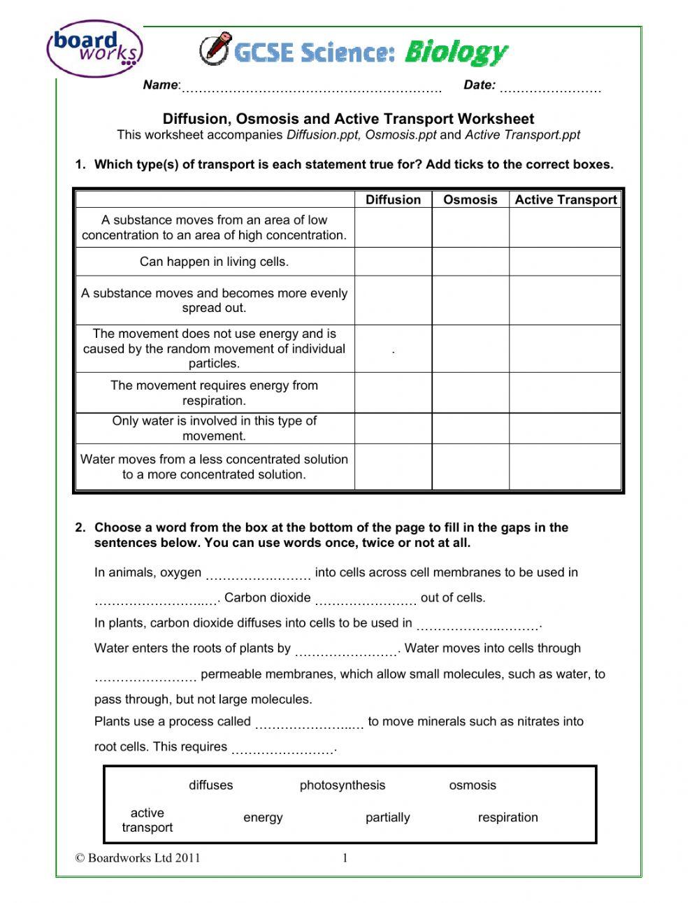 Movement in and out of cells 2 online exercise for live worksheets