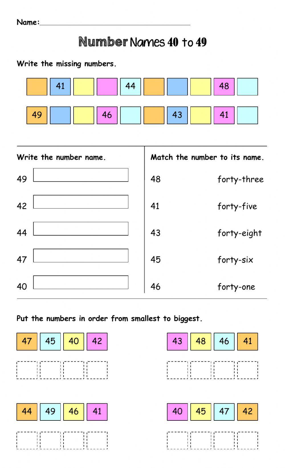 Number Names 40 to 49