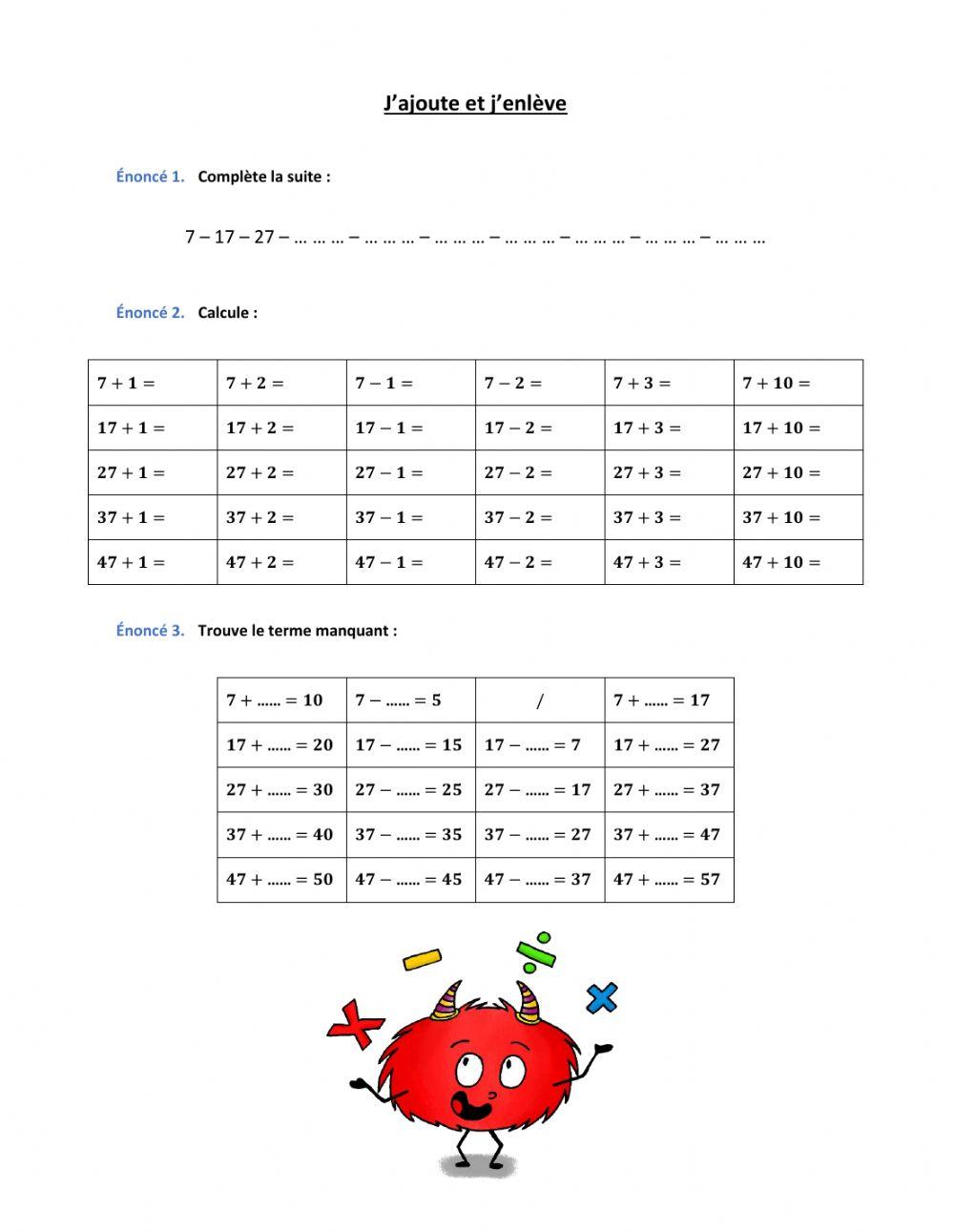 Opérations de base entre 0 et 50