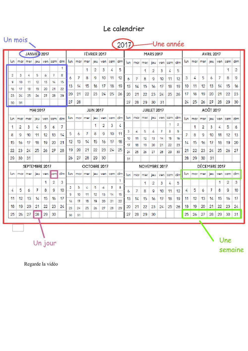 Le calendrier interactive worksheet