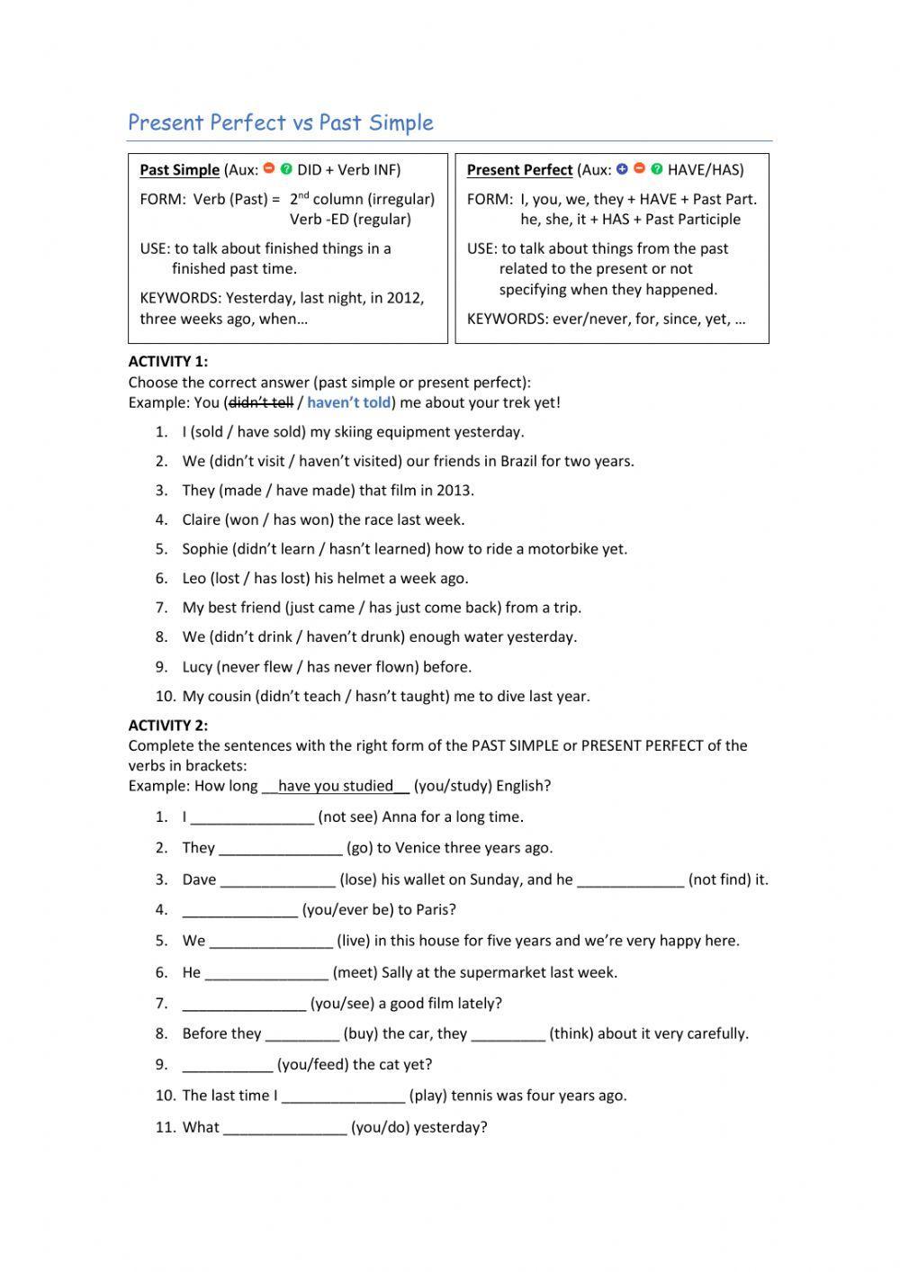 Present Perfect vs Past Simple online pdf worksheet | Live Worksheets