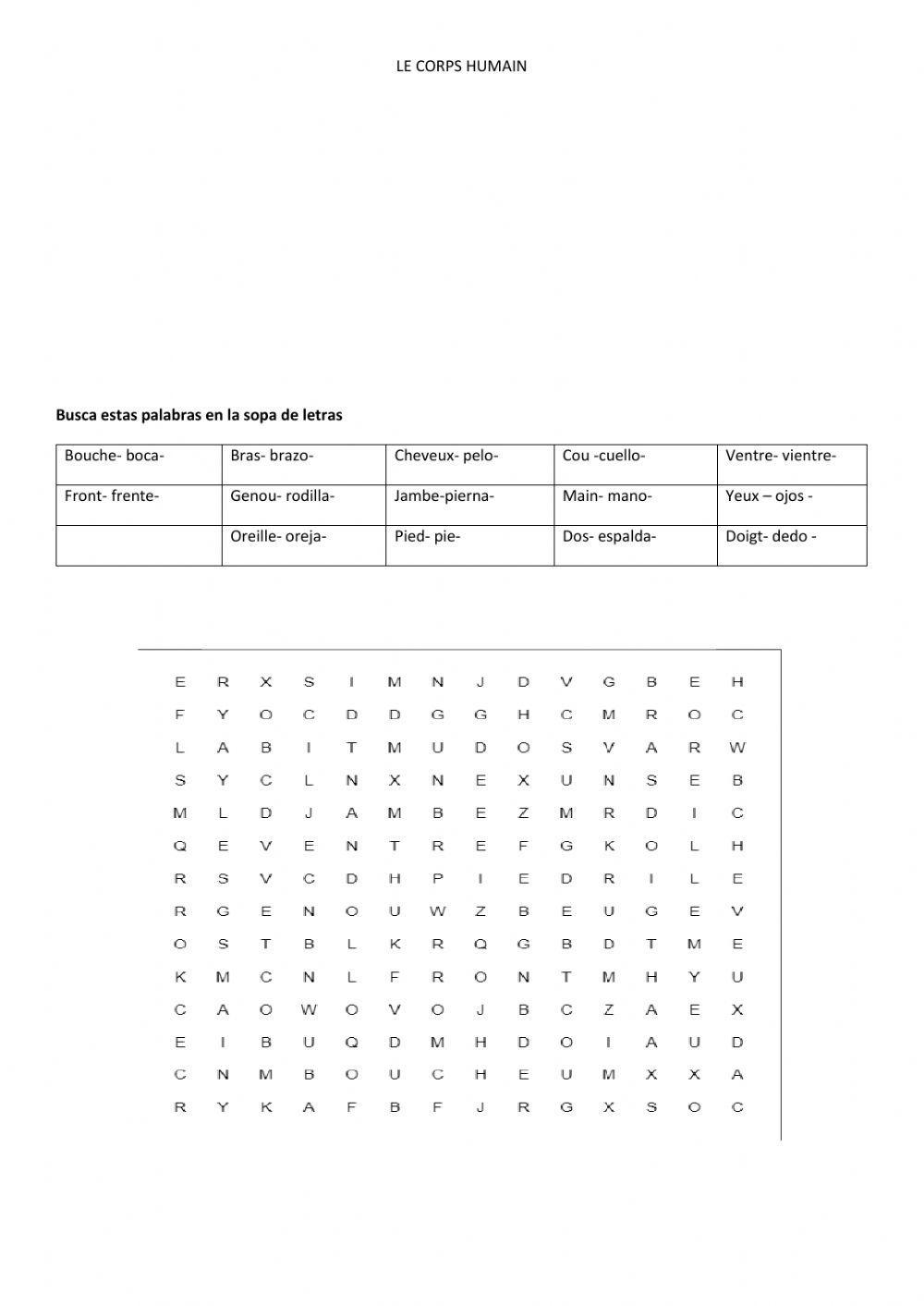 LE CORPS SOPA DE LETRAS worksheet | Live Worksheets